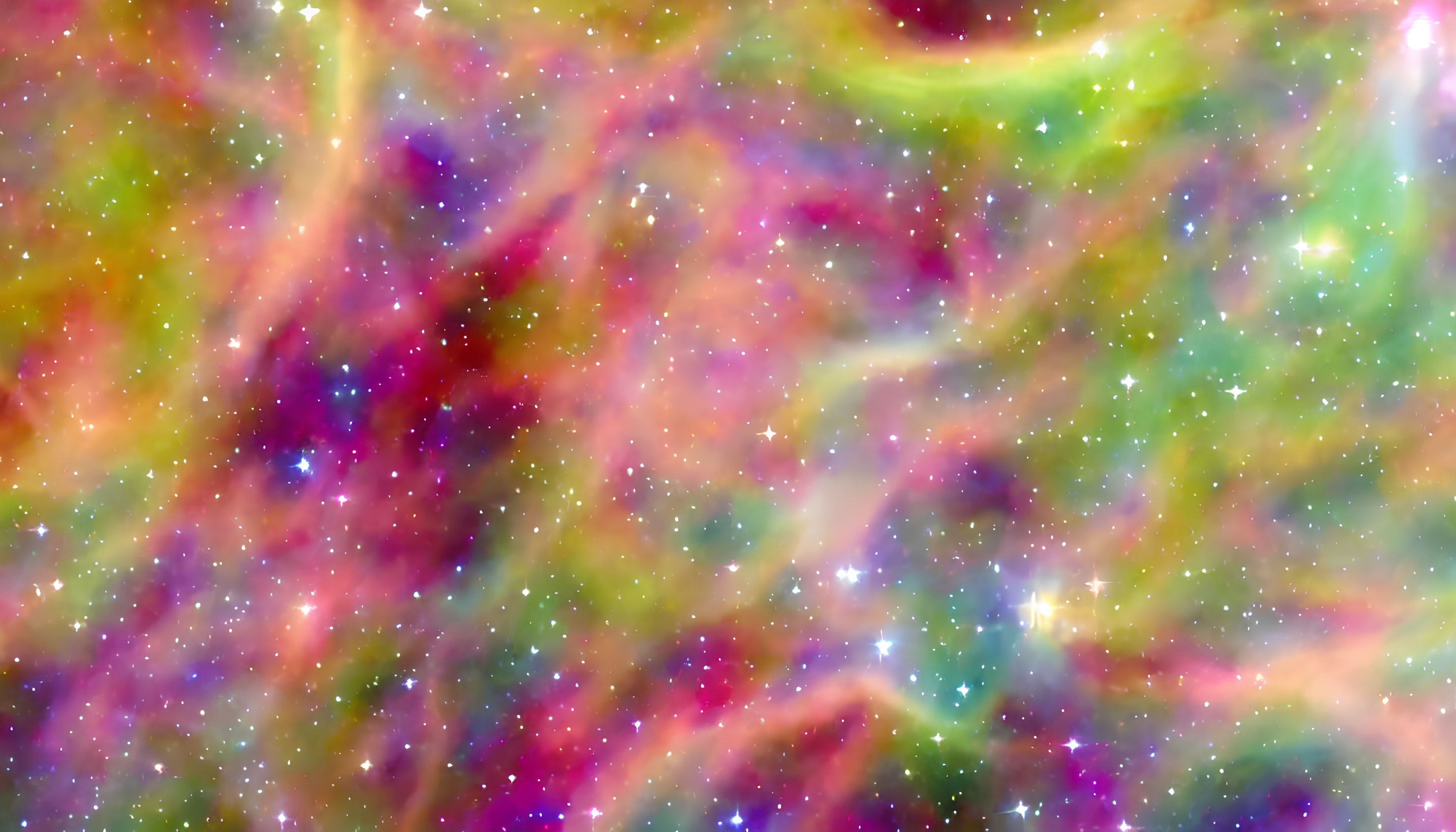 Colorful cosmic image with pink, purple, and green hues and sparkling stars.