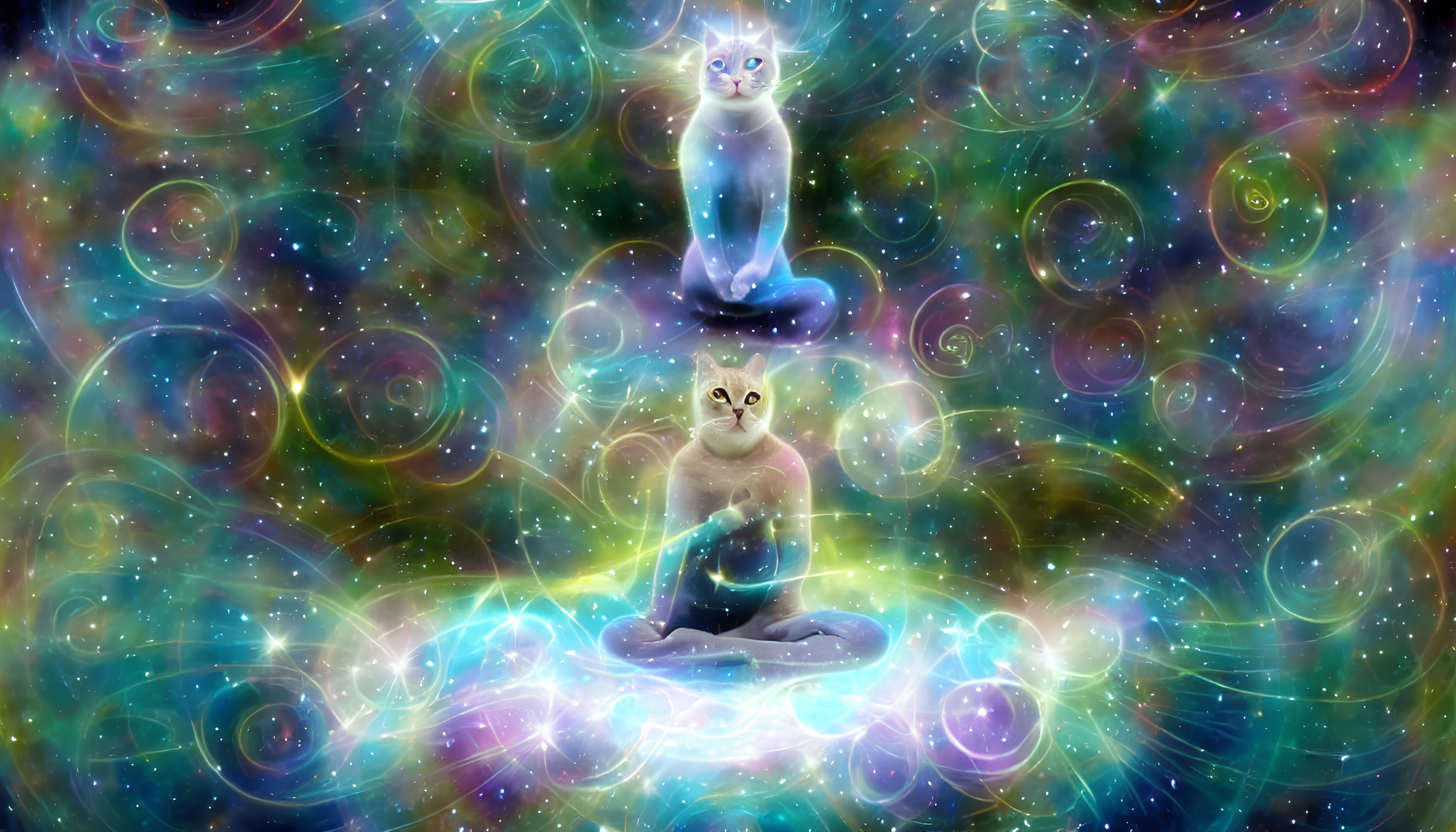 Fantasy-inspired image of two cats meditating in cosmic background