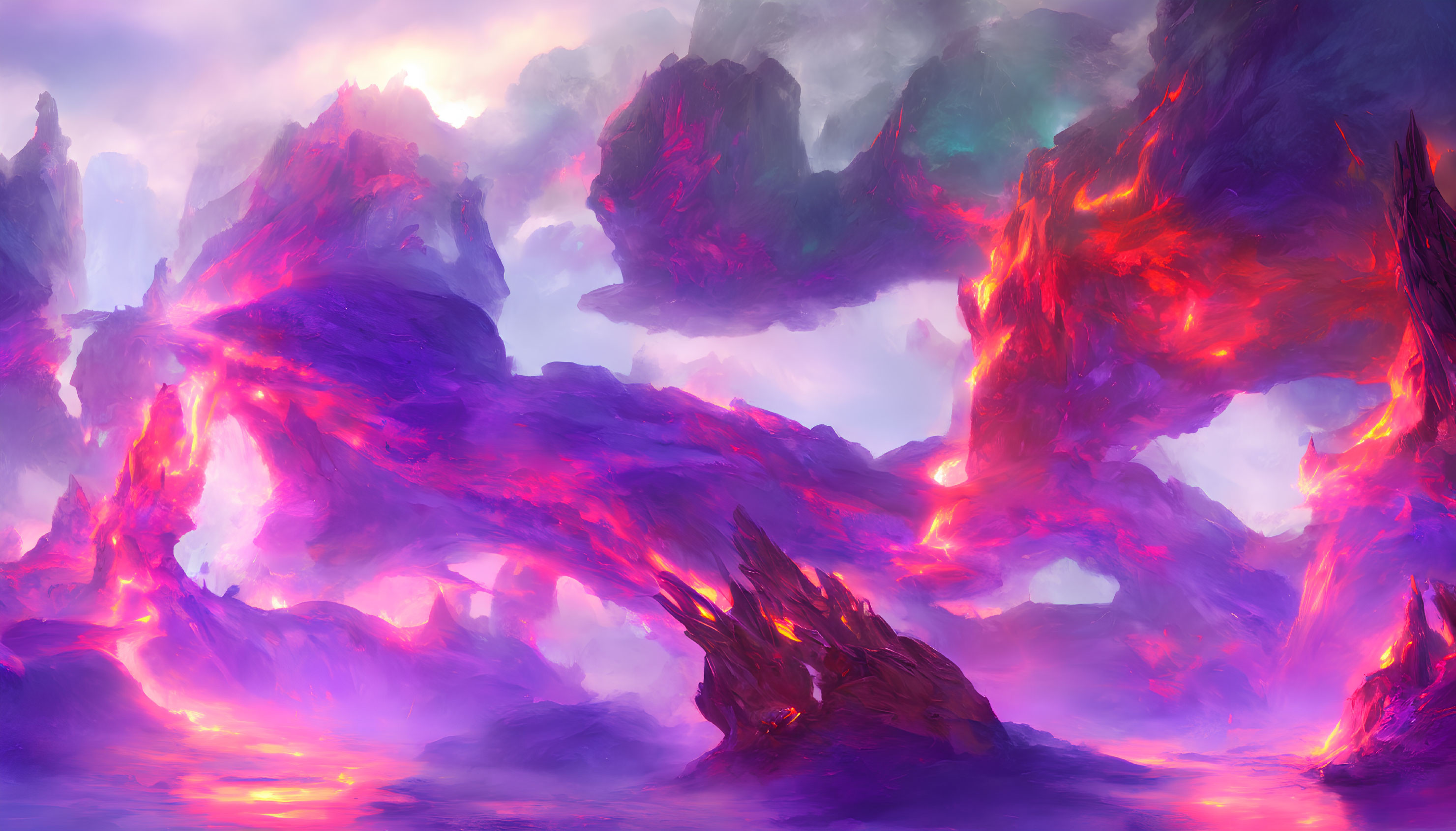 Surreal fantasy landscape with glowing magenta and purple hues