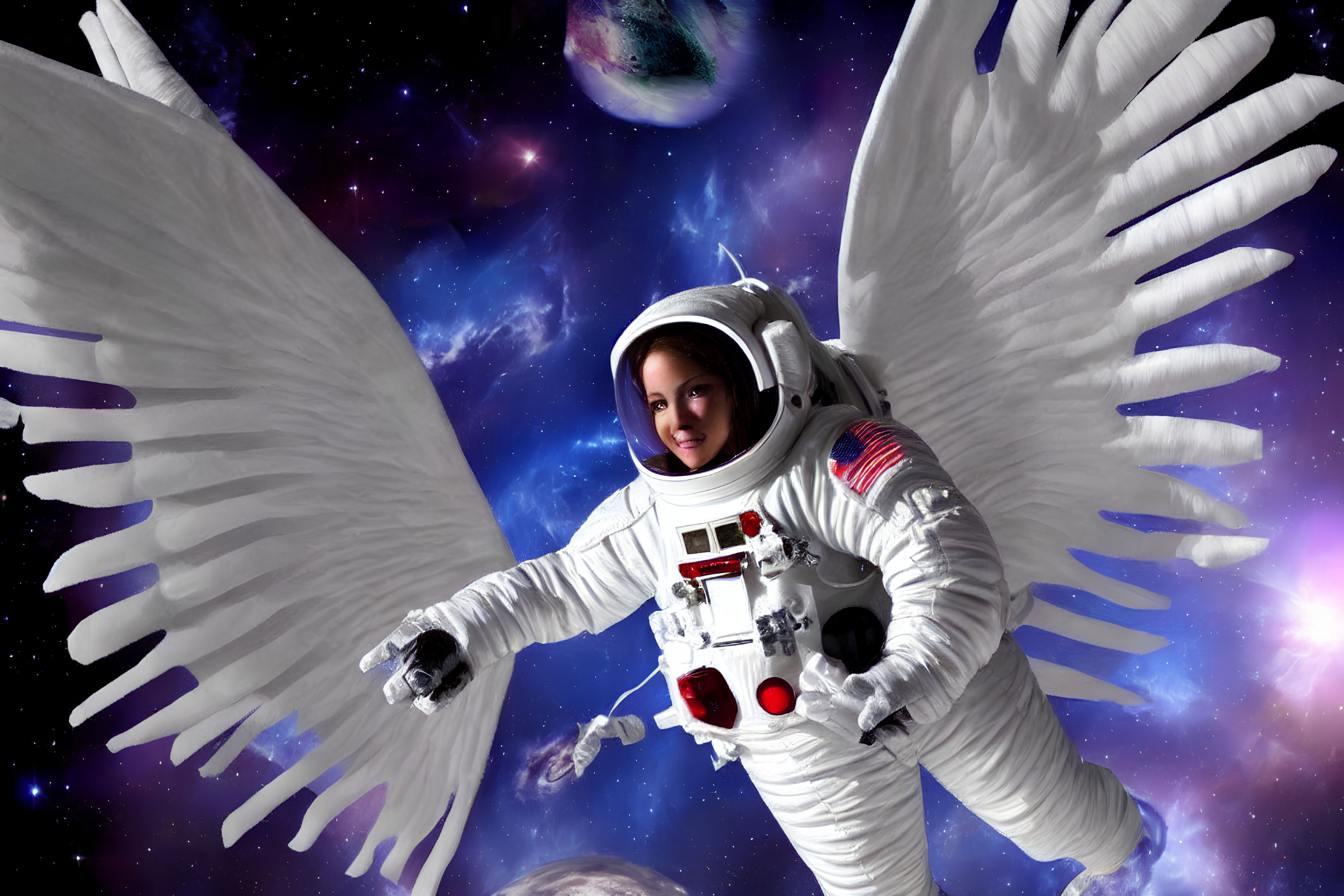 Astronaut with angel wings in space with Earth and galaxies symbolizing exploration and divinity