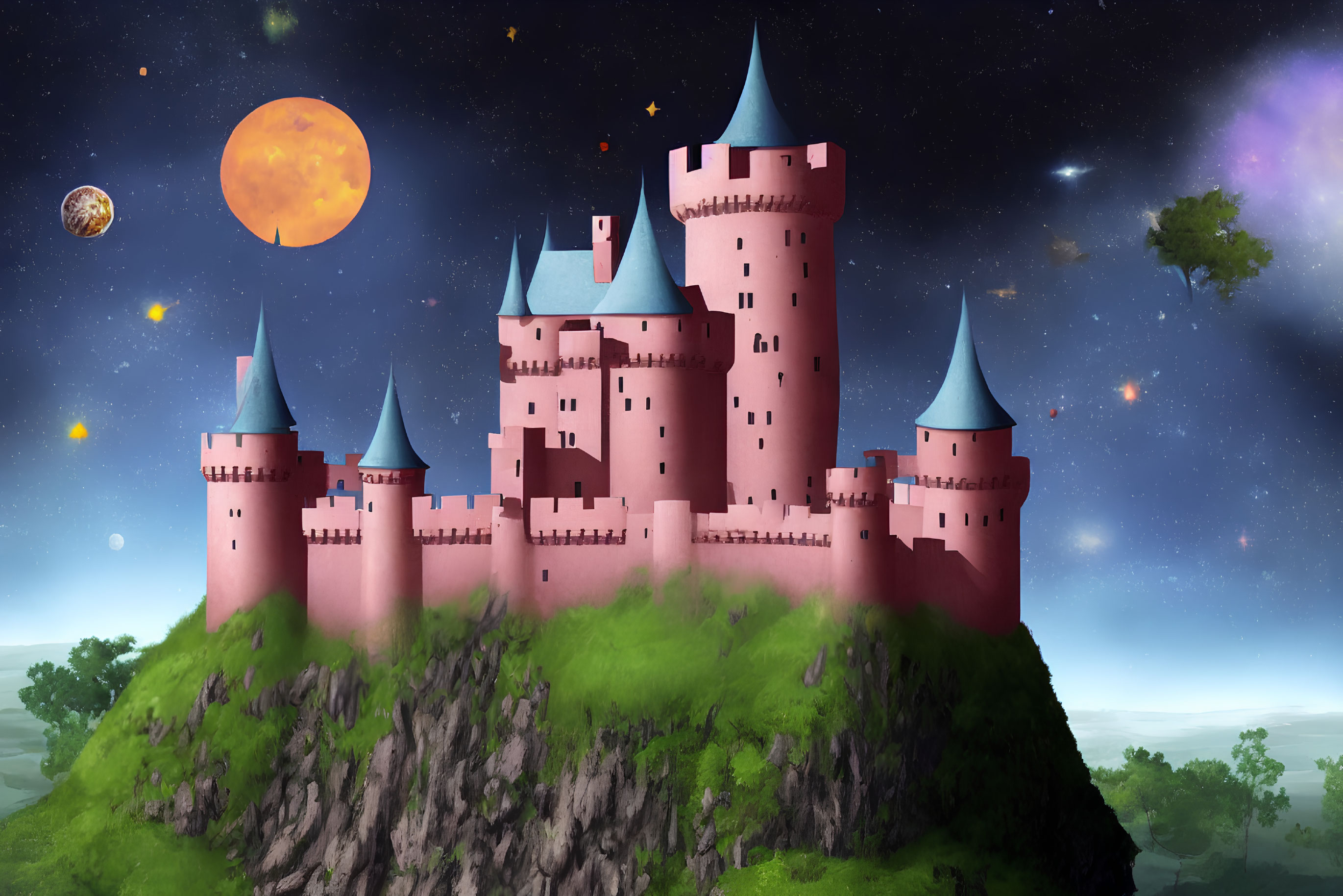 Pink castle on lush hill under night sky with moon & galaxies