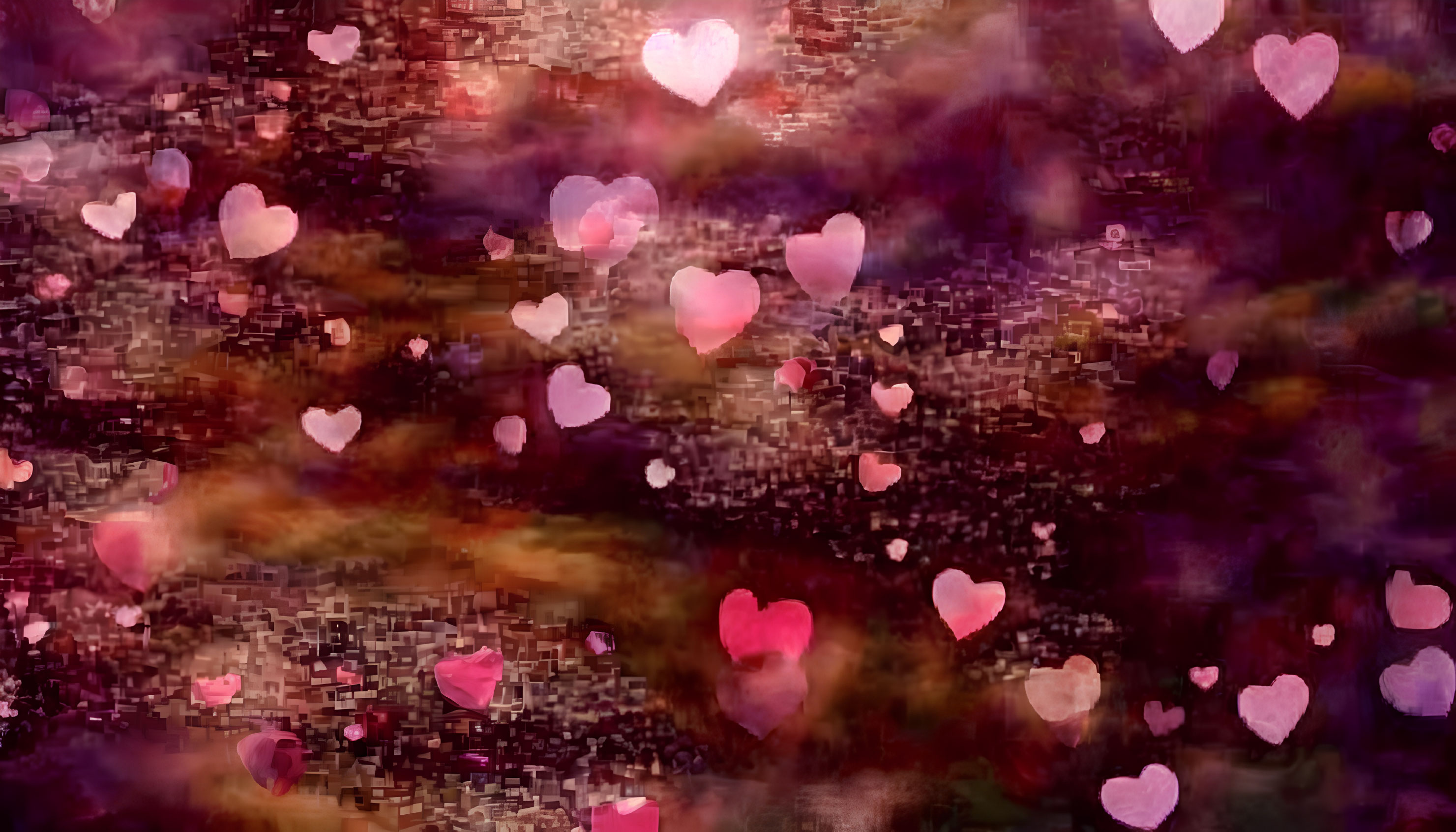 Warm-colored abstract blur with translucent pink and red hearts, evoking a romantic ambiance.