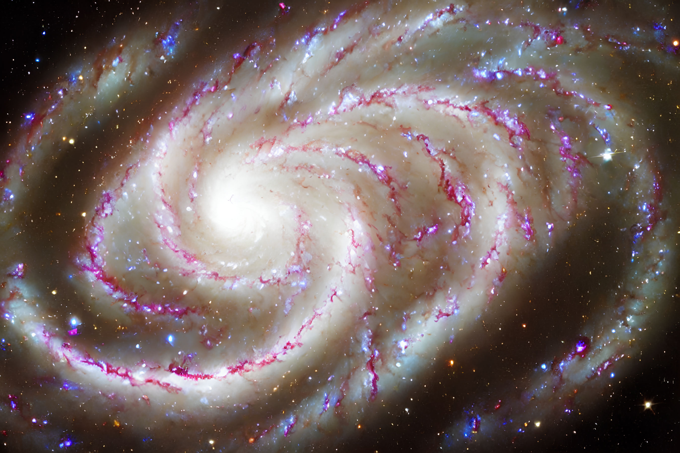 Spiral Galaxy with Pink Star-Forming Regions and Blue Star Clusters