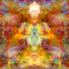 Vibrant surreal illustration of meditating figures in glowing auras