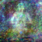Ethereal light figures in cosmic-themed digital art