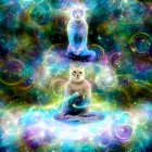 Whimsical cosmic scene with tabby cat, angelic cat, and celestial cat.