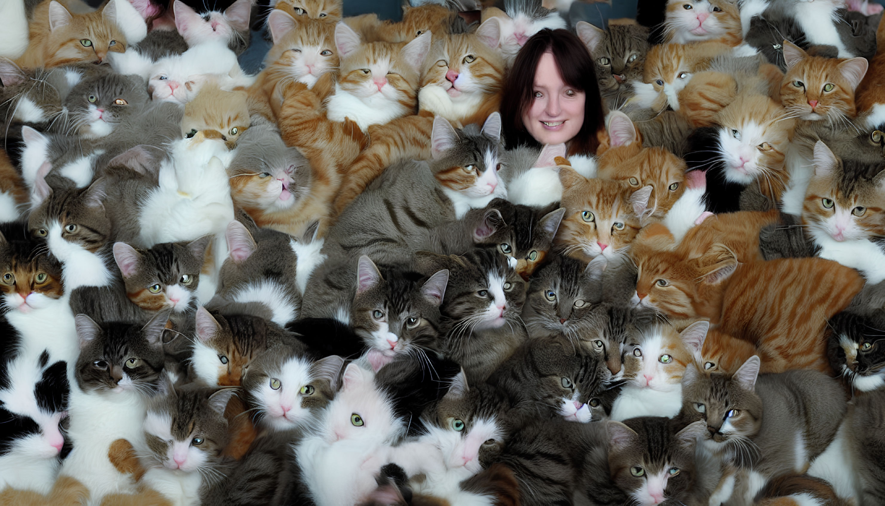 Smiling woman's face surrounded by colorful cats.
