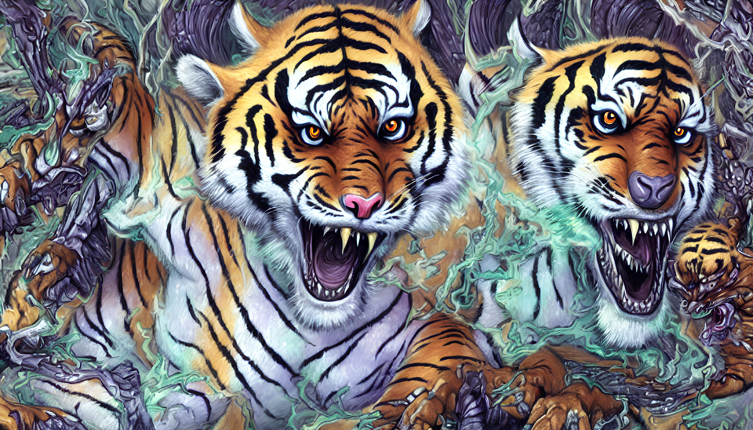 Abstract artwork of two fierce tigers in vibrant colors