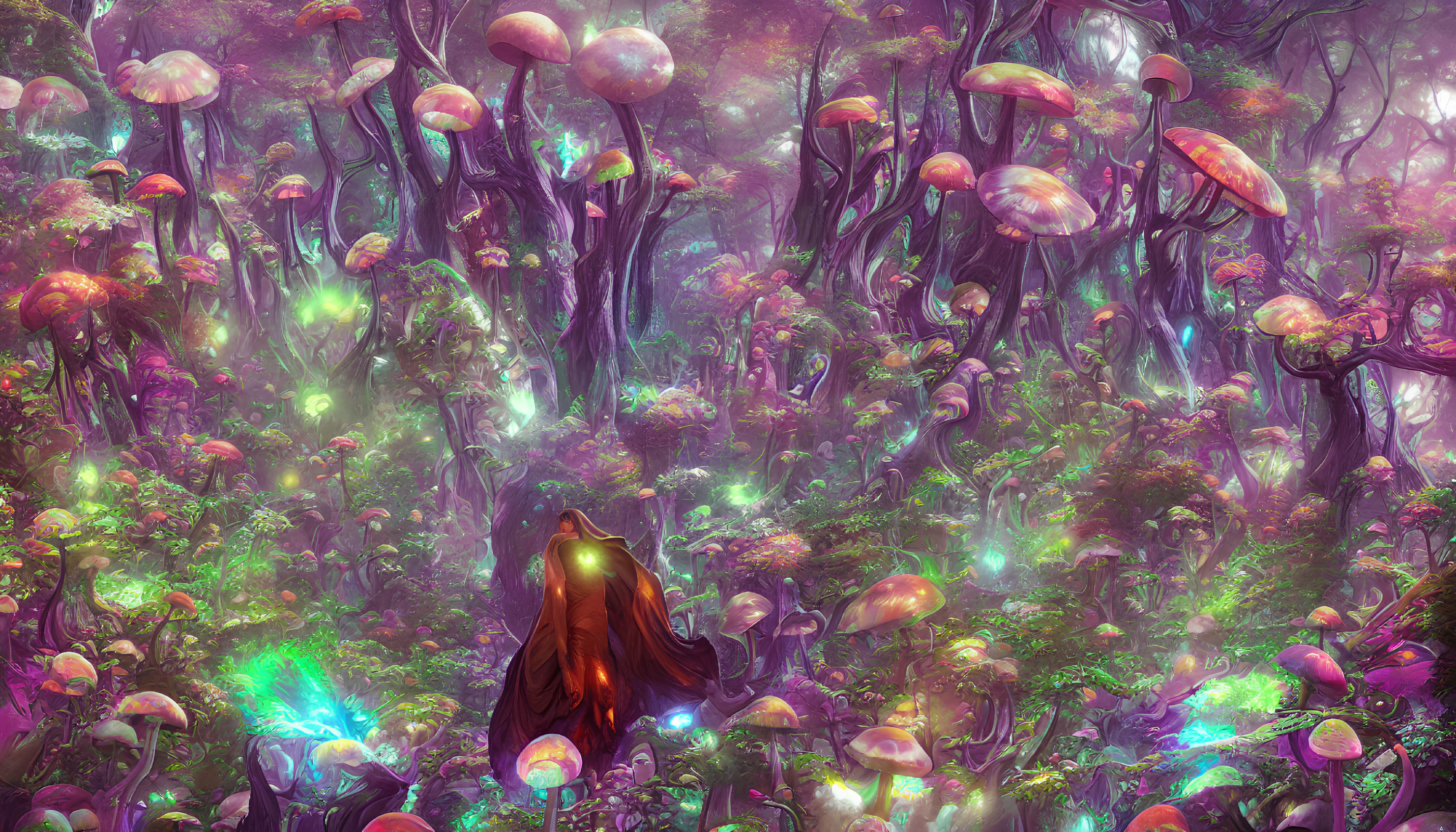 Vibrant oversized mushrooms in mystical forest scenery