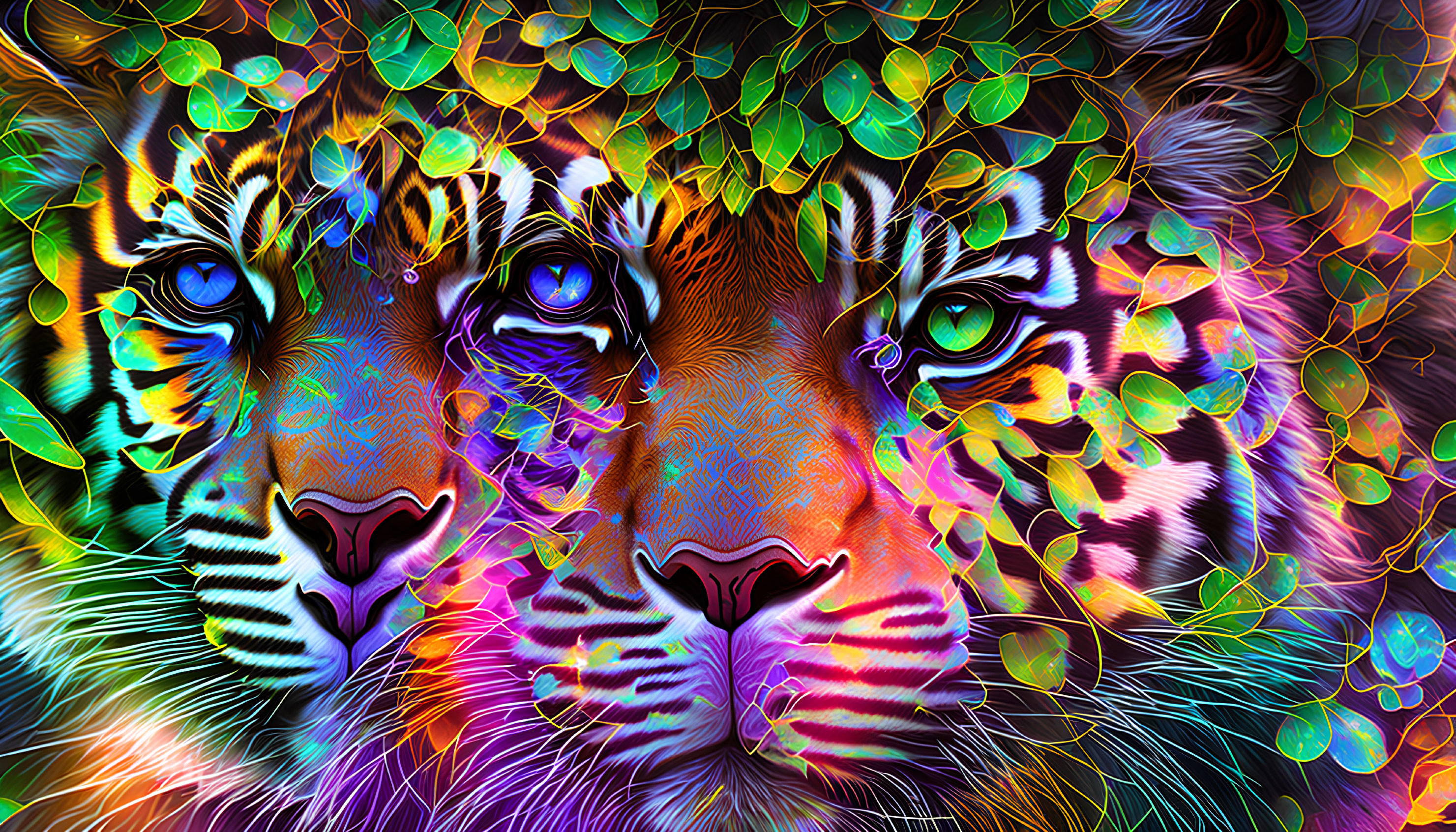 Vibrant Psychedelic Digital Art: Two Tigers in Kaleidoscope of Colors
