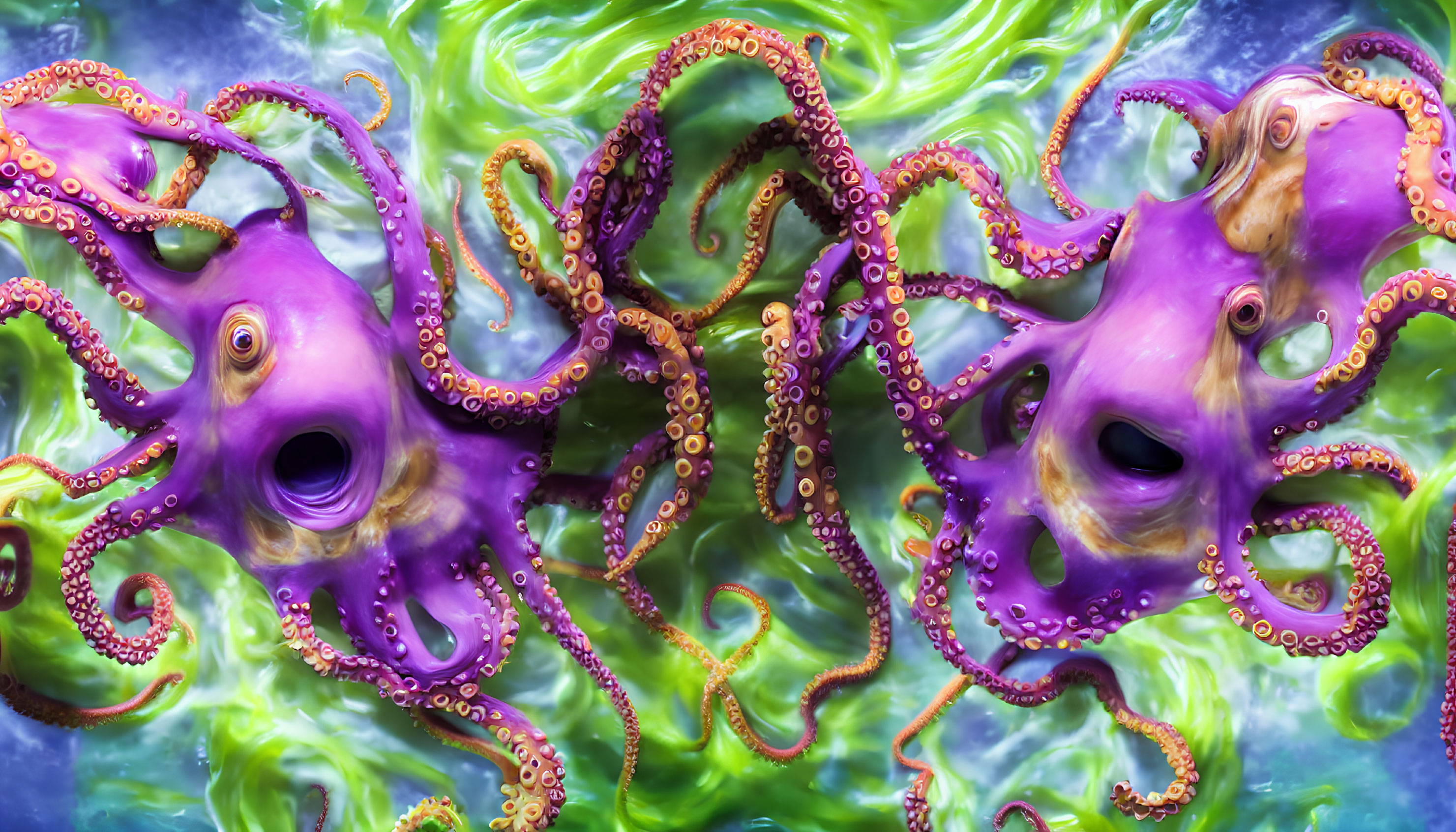 Purple Octopuses with Swirling Tentacles on Marbled Background