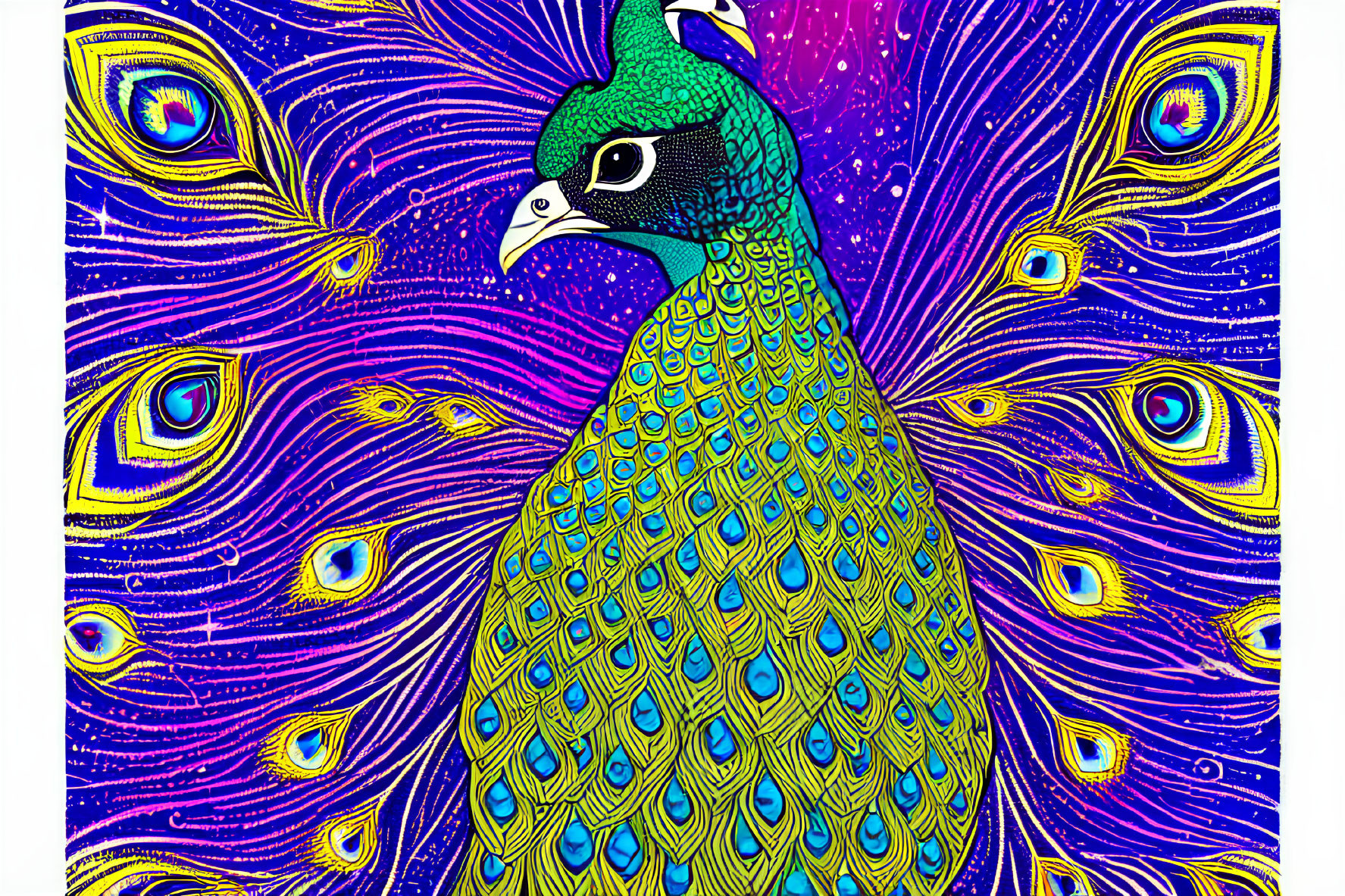 Colorful Peacock Illustration with Detailed Plumage and Eye Motifs