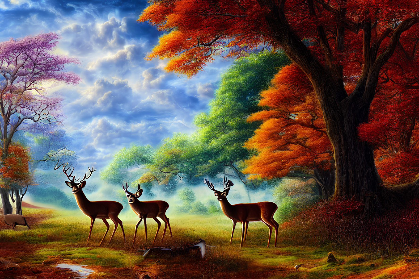 Autumn forest scene with three deer and colorful trees