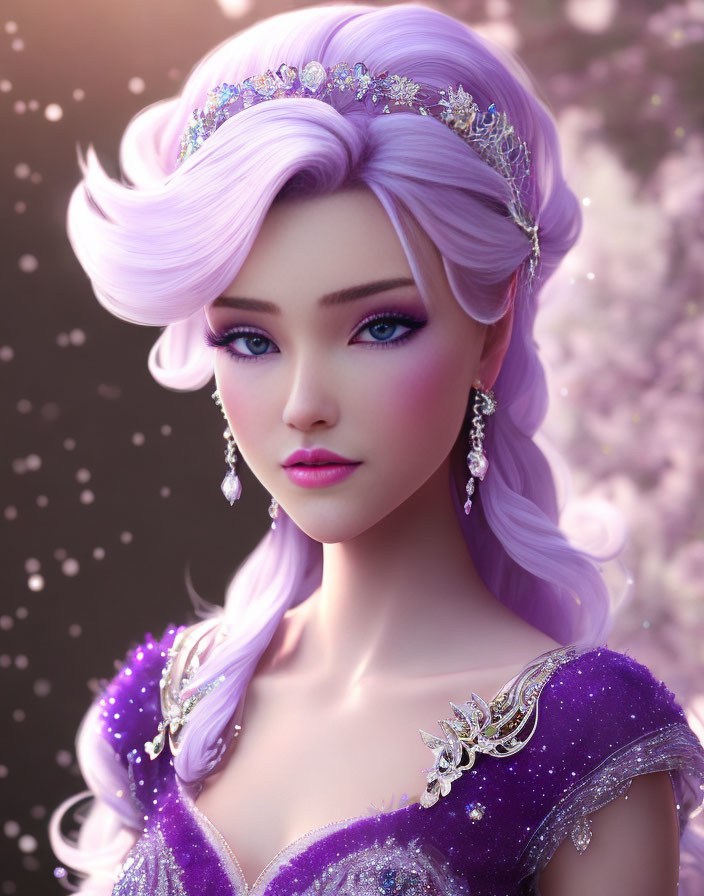 3D illustration of woman with lilac hair in purple fantasy gown