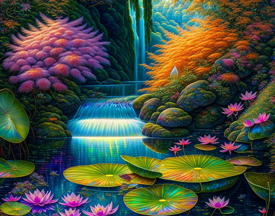 beautiful waterfall with lotus