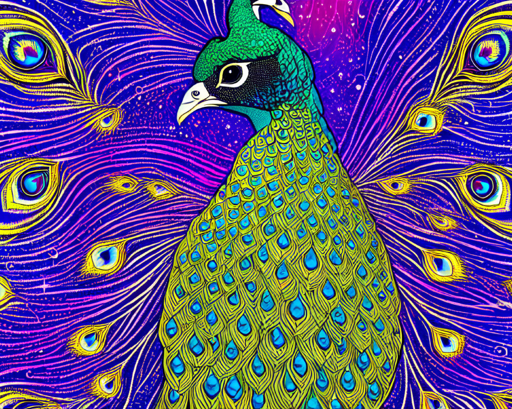 Colorful Peacock Illustration with Detailed Plumage and Eye Motifs