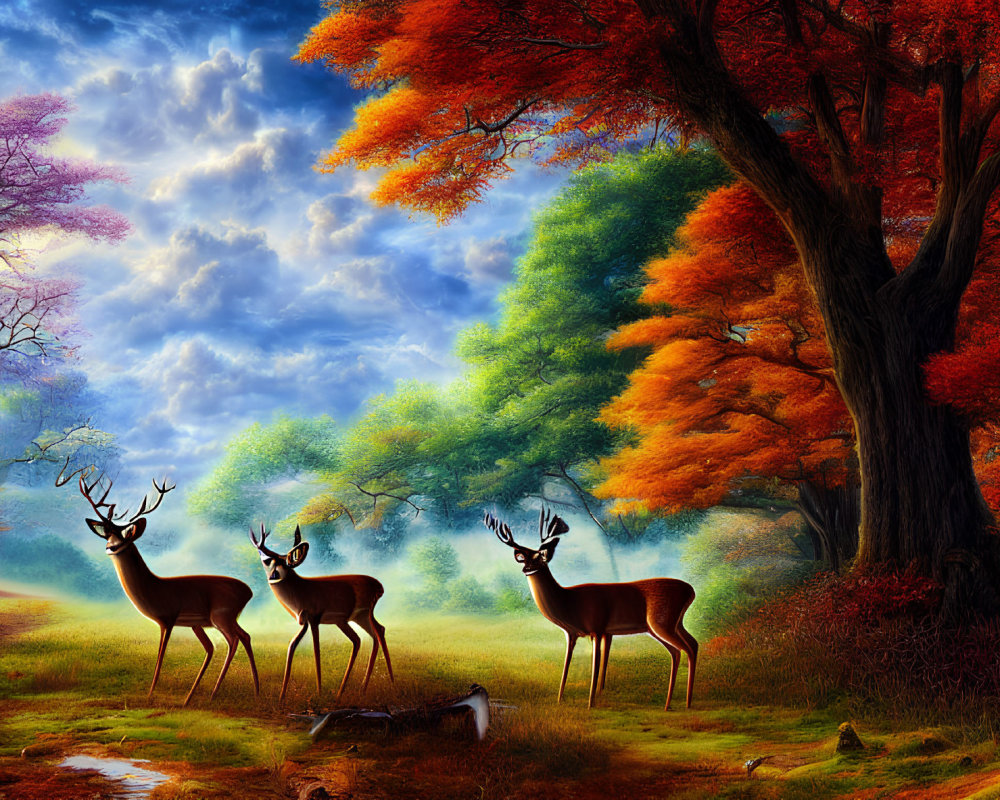Autumn forest scene with three deer and colorful trees