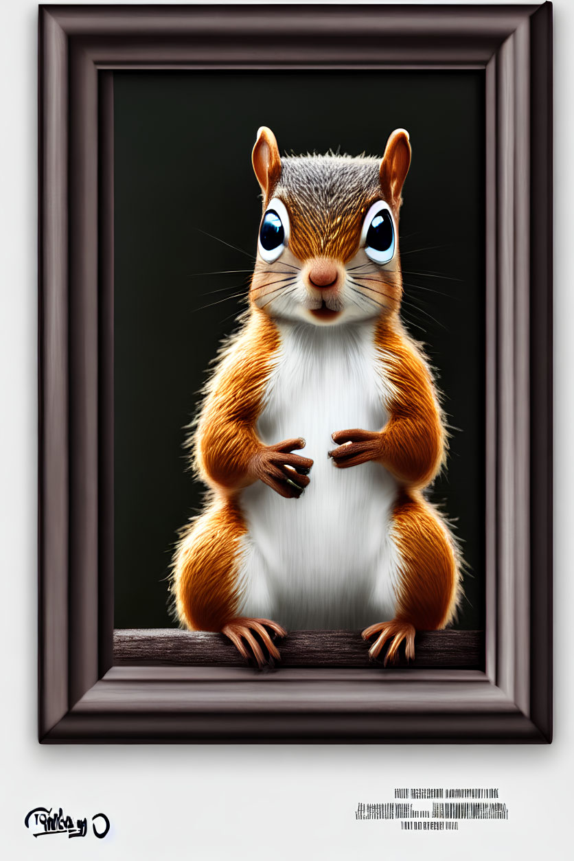 Anthropomorphic squirrel with blue eyes in wooden frame