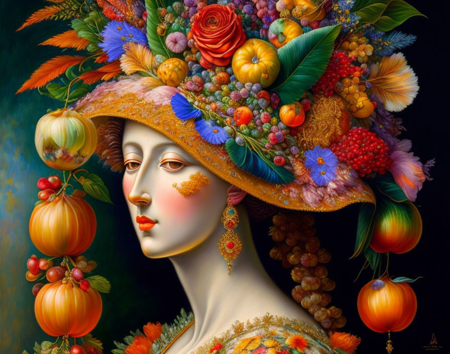 lady with hat decorated with fruits