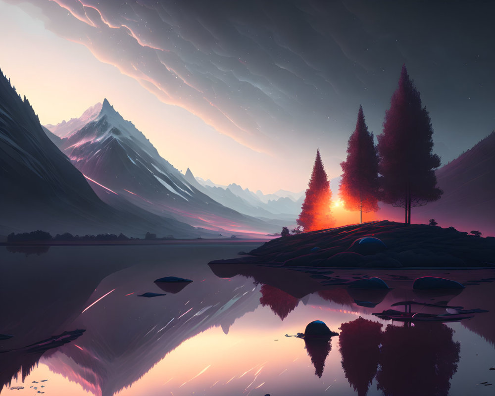 Scenic dusk lake with vibrant sunset, silhouetted trees, and mountain backdrop.