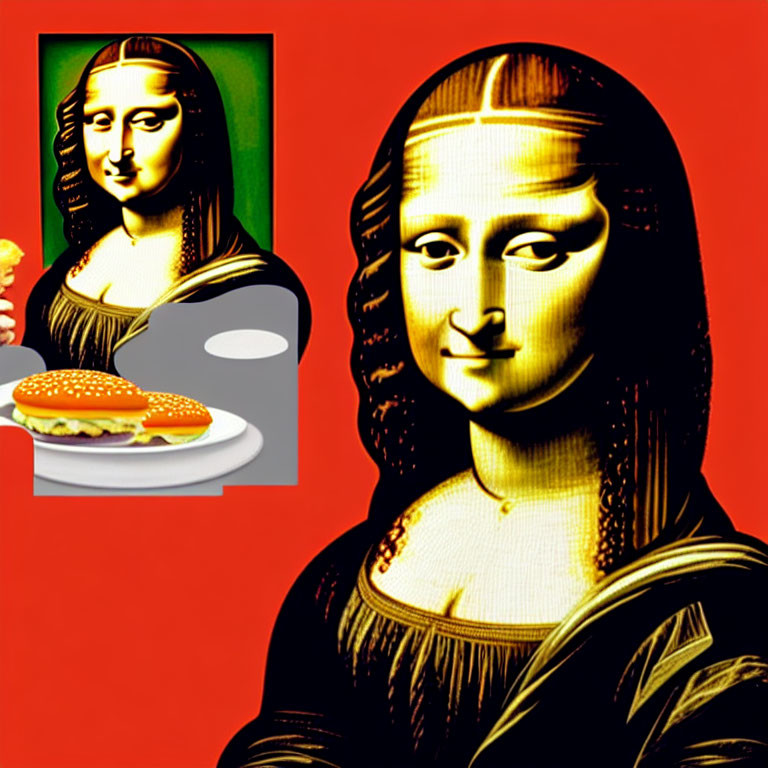 Stylized Mona Lisa with Burger on Red Background