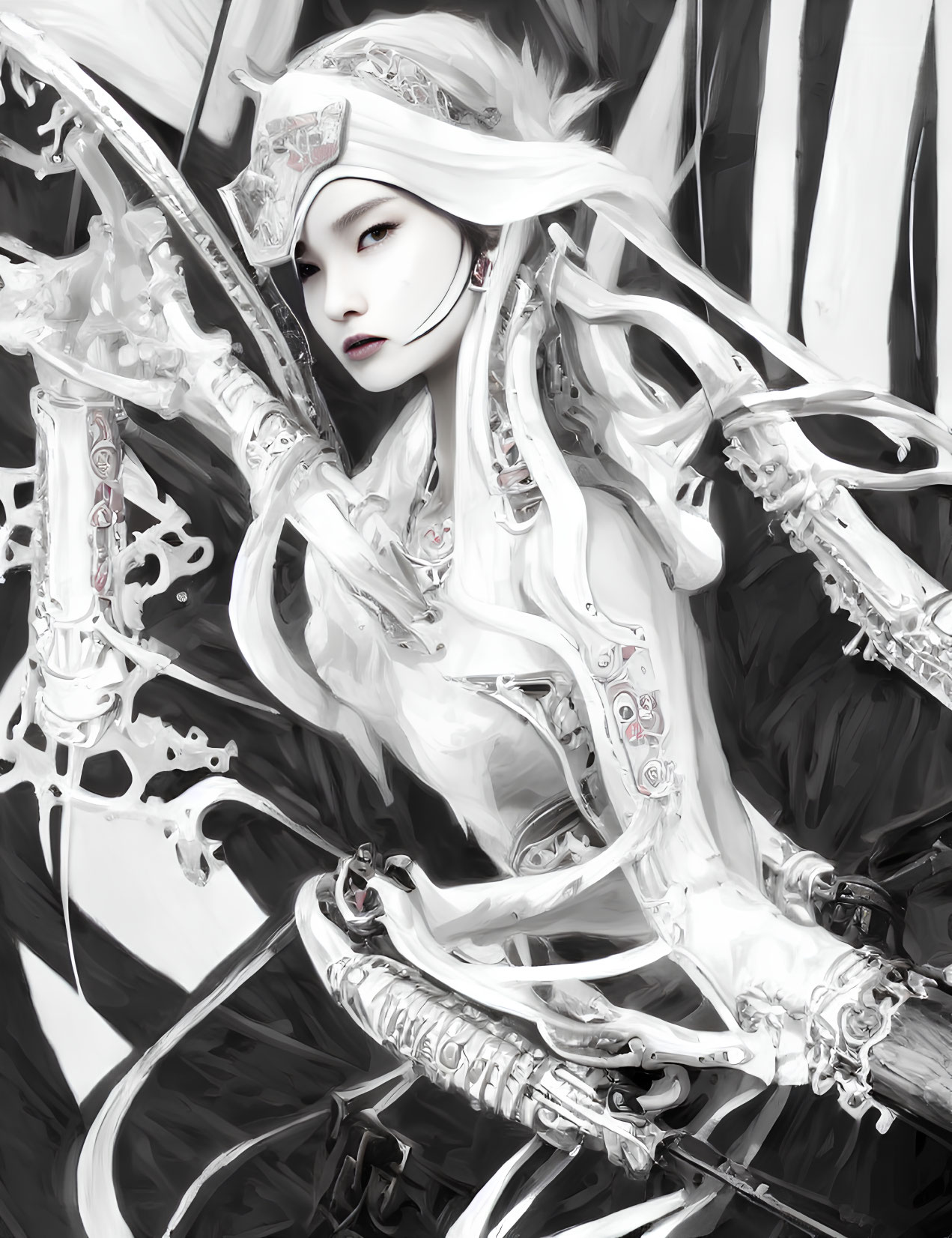 Monochrome illustration of powerful fantasy warrior woman in intricate armor