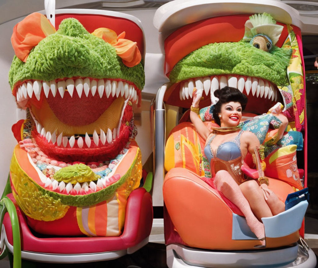 Carnivorous Plant Costumed Characters with Woman Sitting in Mouth