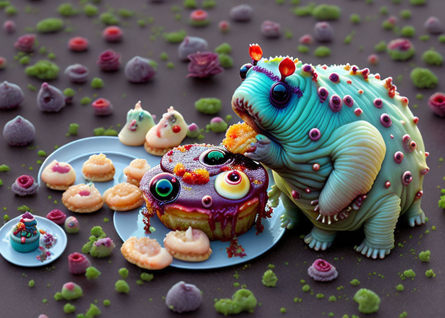 Colorful Caterpillar-Like Creature with Quirky Friends and Sweets on Textured Surface