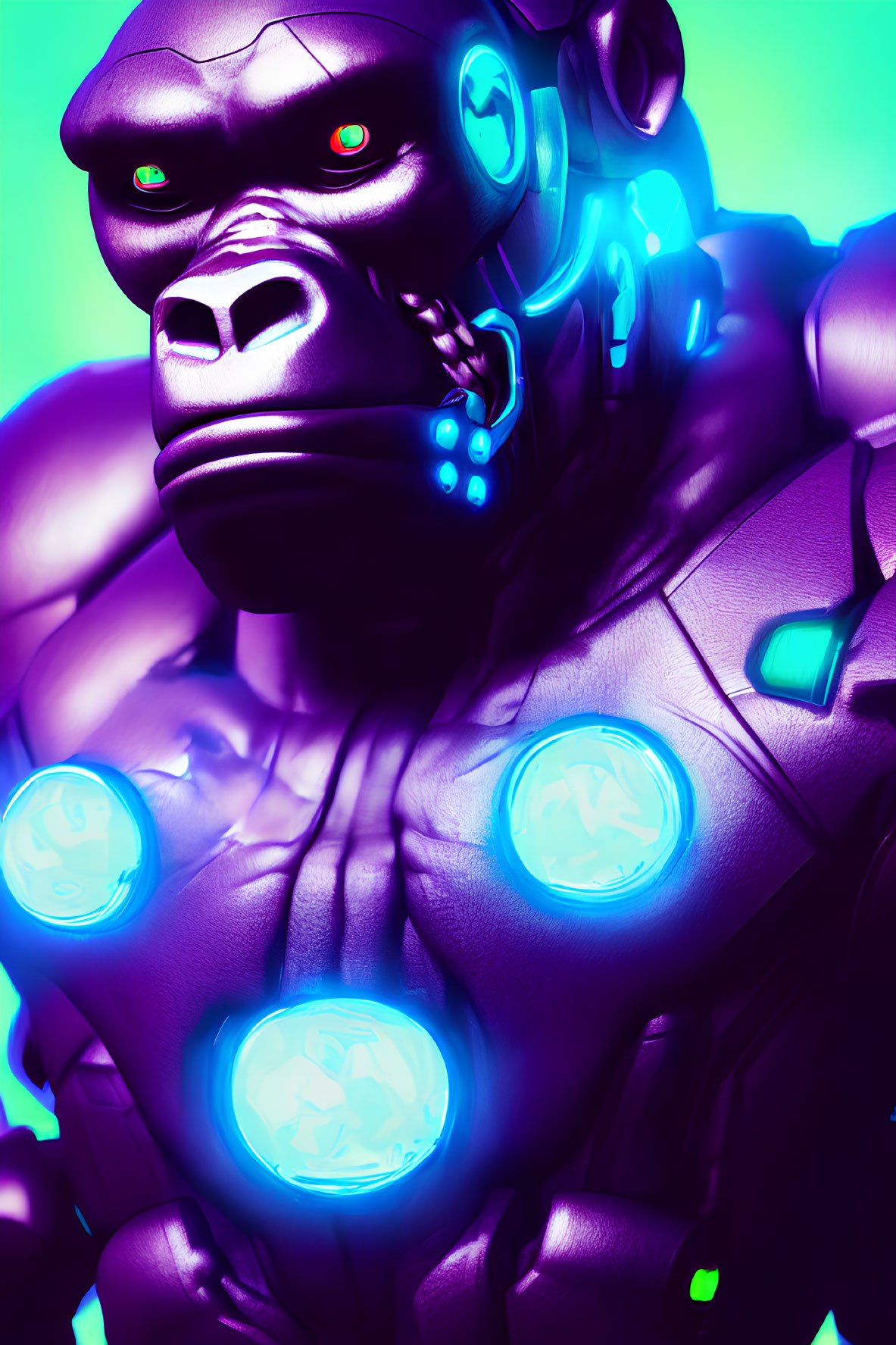 Colorful Illustration: Purple Mechanized Gorilla with Glowing Blue Circles