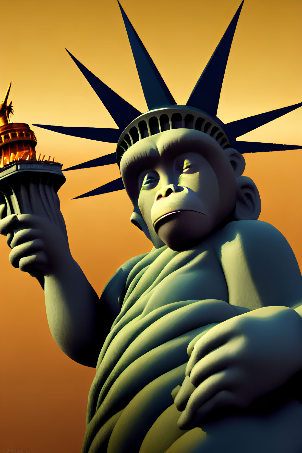 3D illustration of monkey as Statue of Liberty with crown and torch