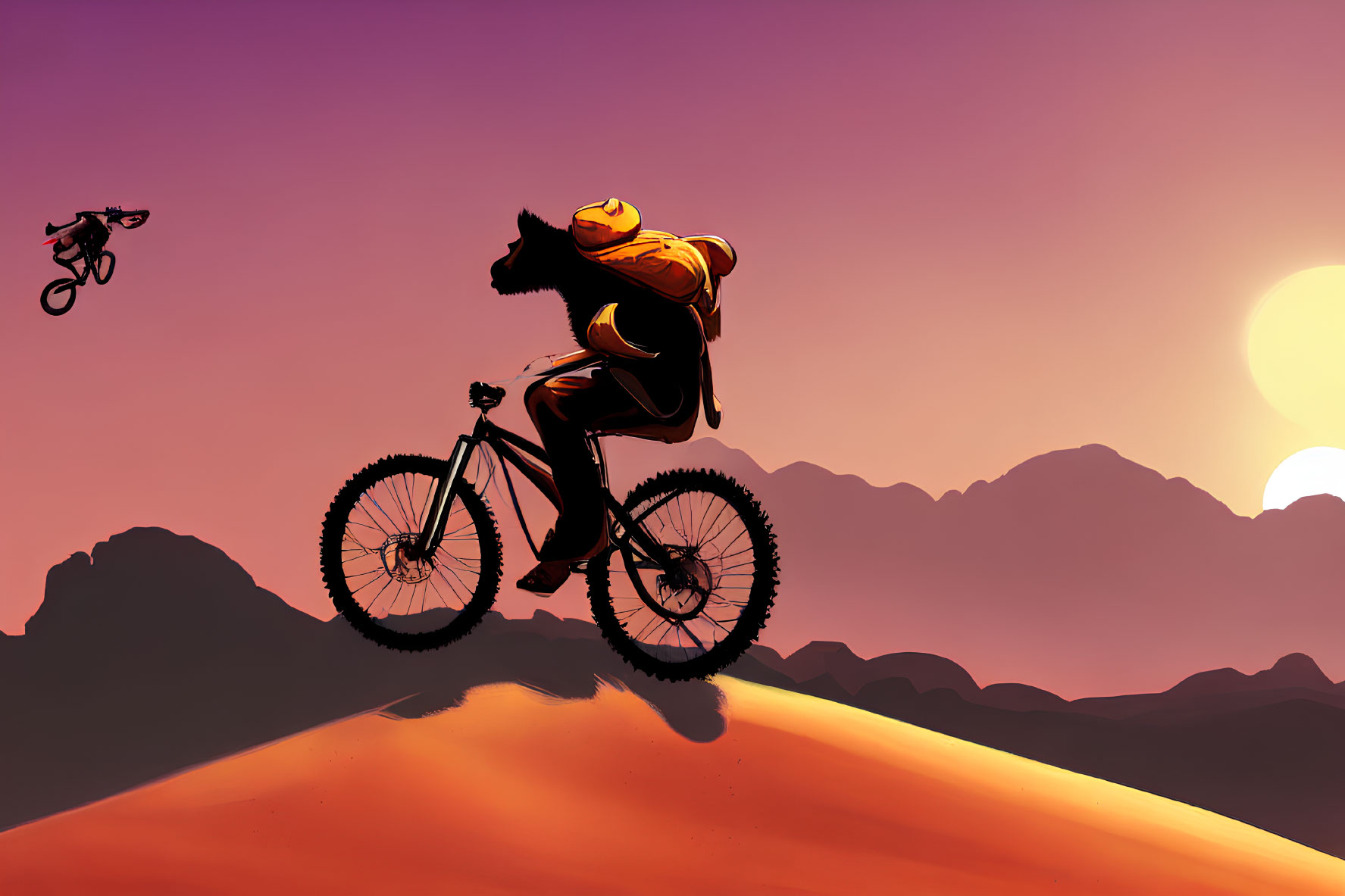 Cyclists performing jumps on desert dune at dramatic sunset.