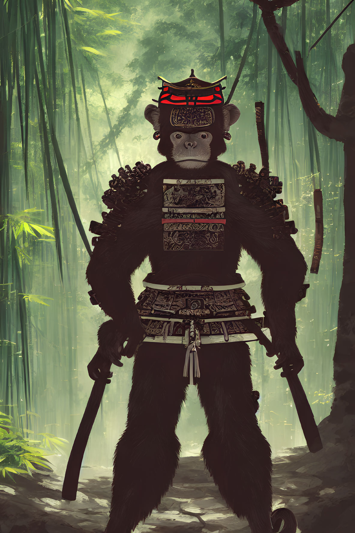 Gorilla in Samurai Armor with Katana in Bamboo Forest