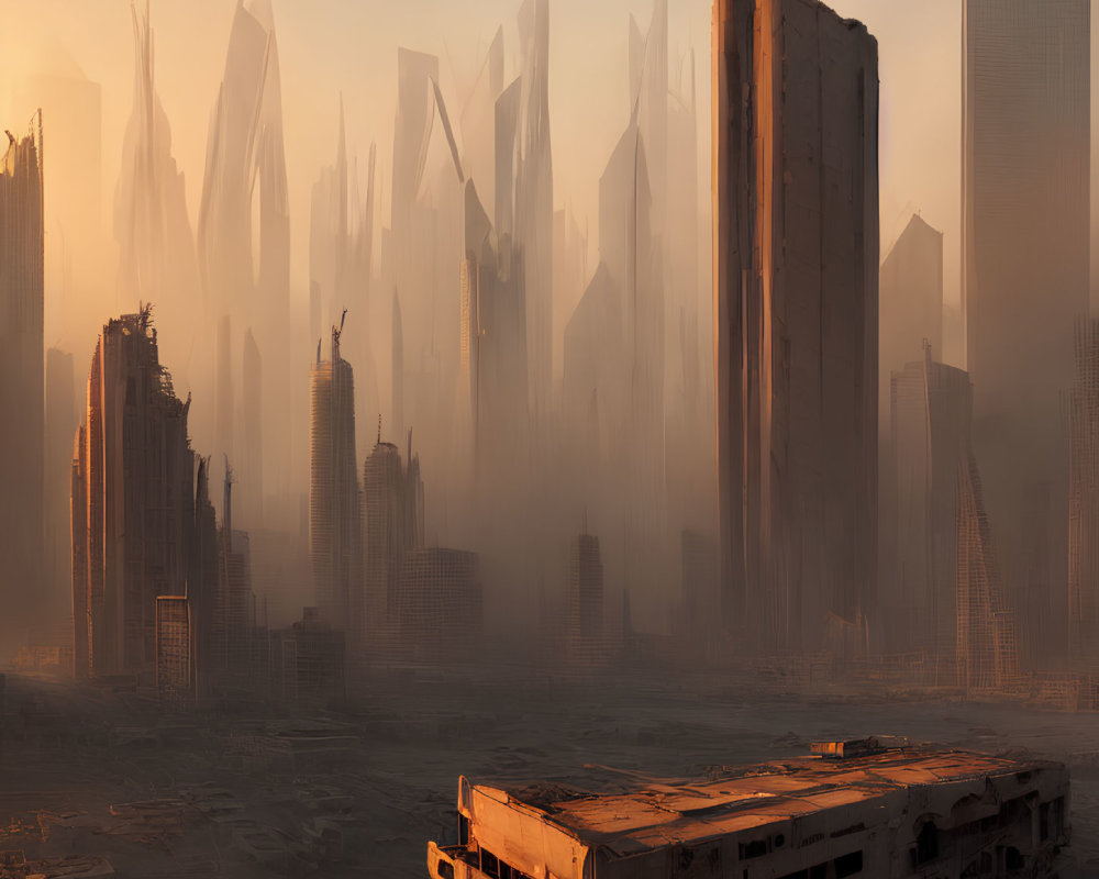 Dystopian cityscape at sunset with misty skyscrapers & dilapidated buildings