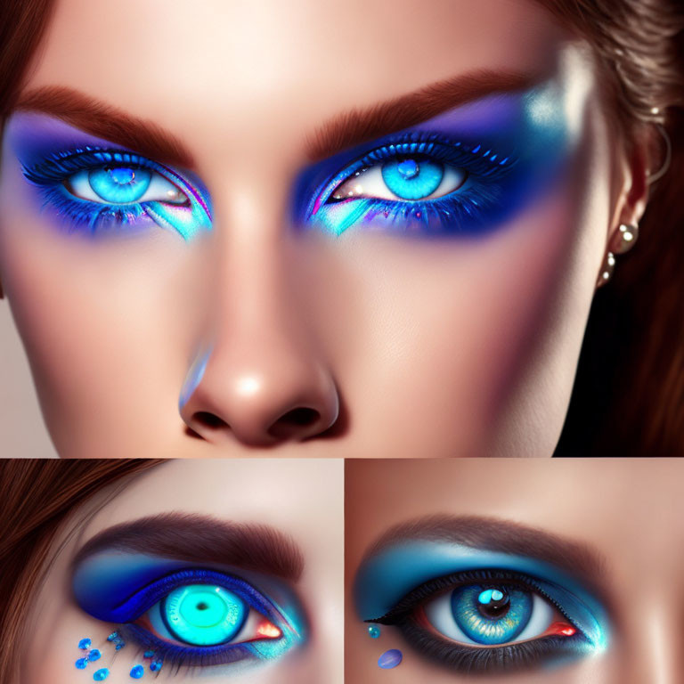 Detailed Close-Up of Woman's Face with Vibrant Blue Eye Makeup Variations