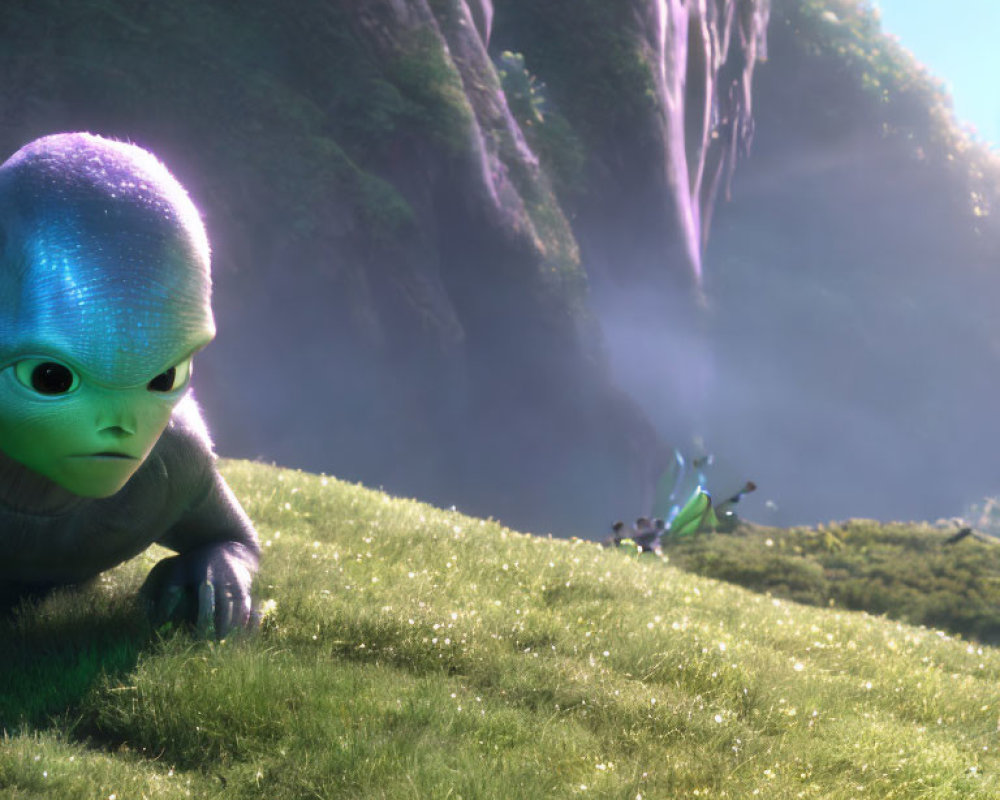 Green-skinned alien crawling in grass with waterfall and another alien.