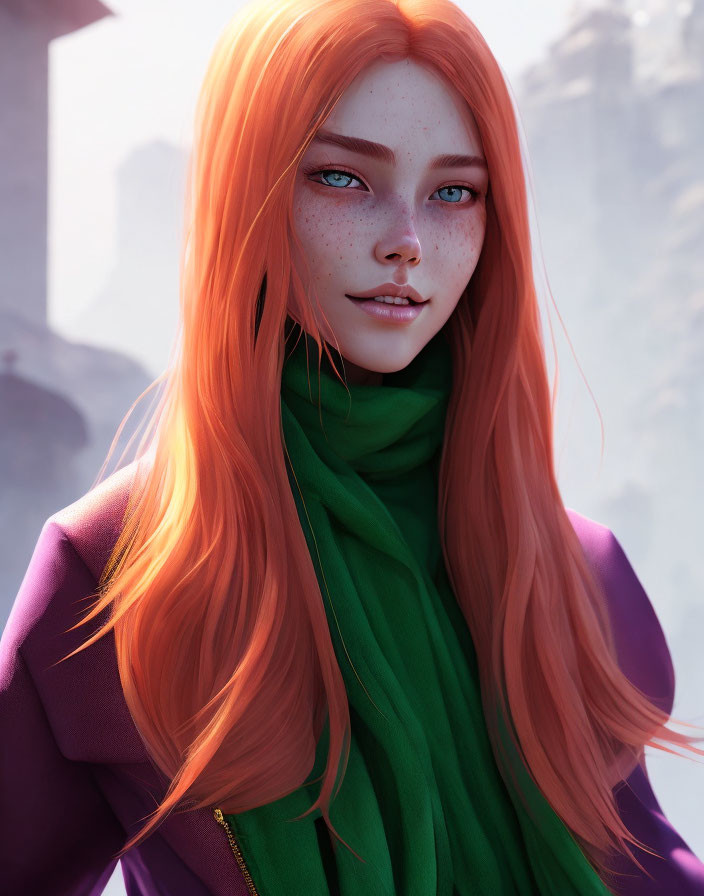 Digital Artwork: Woman with Orange Hair & Green Eyes in Purple Jacket & Green Scarf