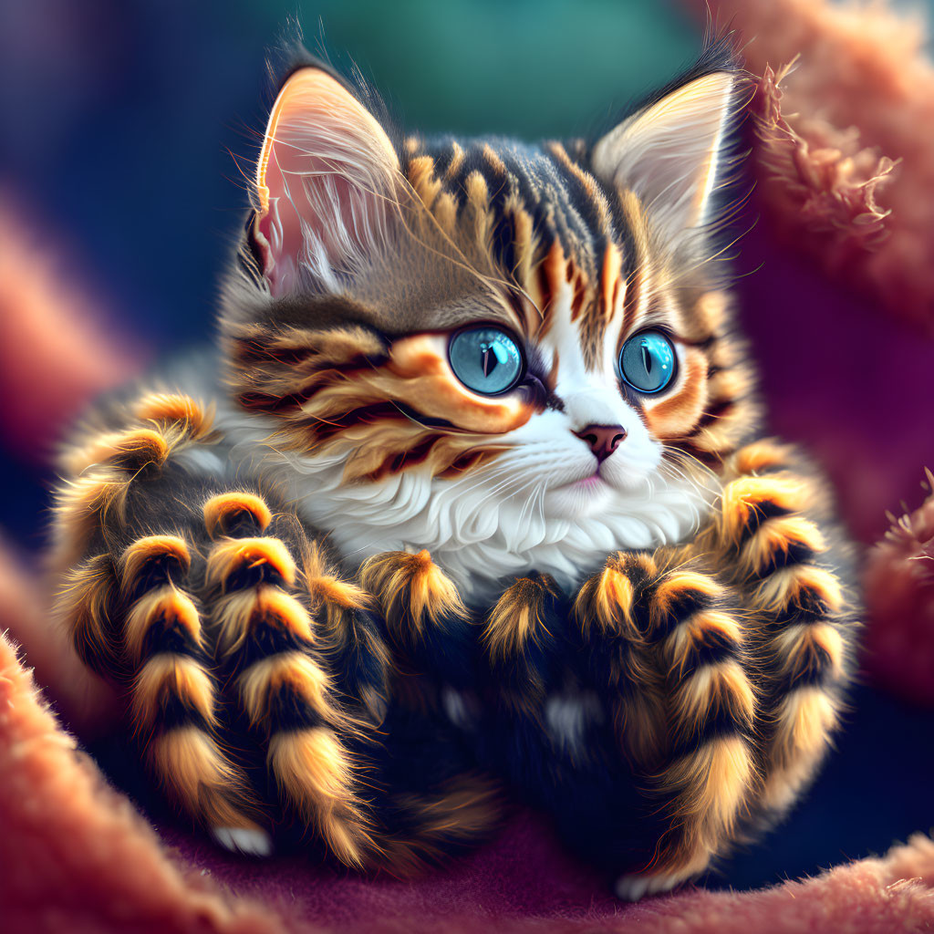 Adorable blue-eyed kitten with striped fur in soft fabric
