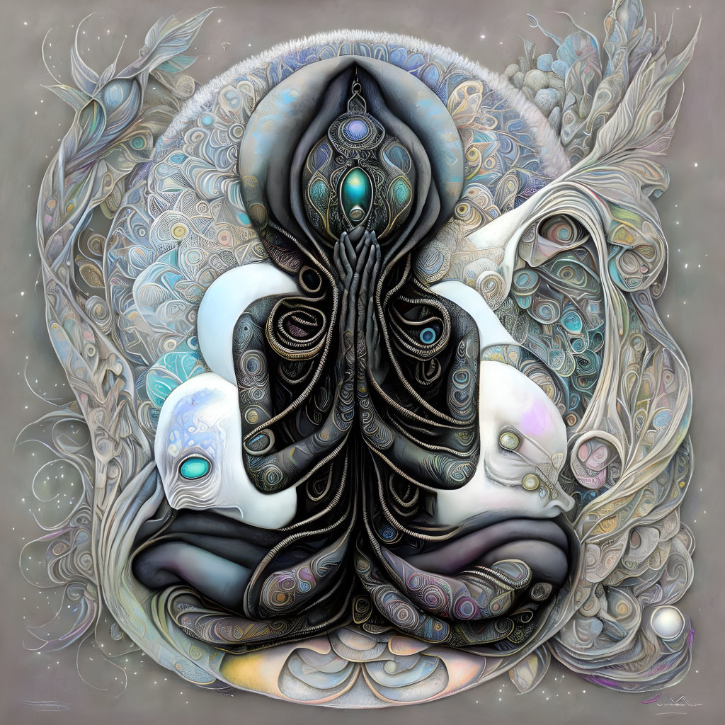 Symmetrical surreal artwork: figure in prayer pose with intricate patterns and feathers in soft grays, blues
