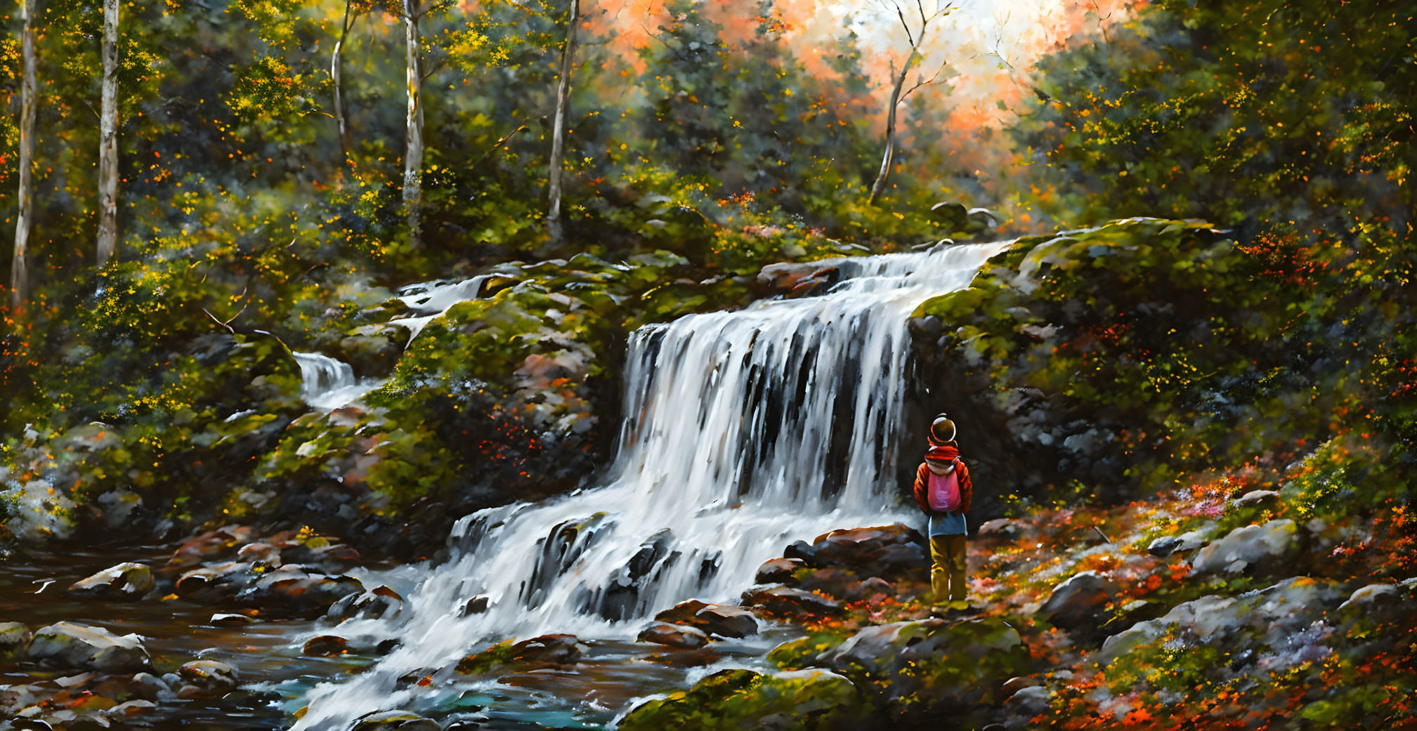 Hiker with red backpack at cascading waterfall in autumn forest