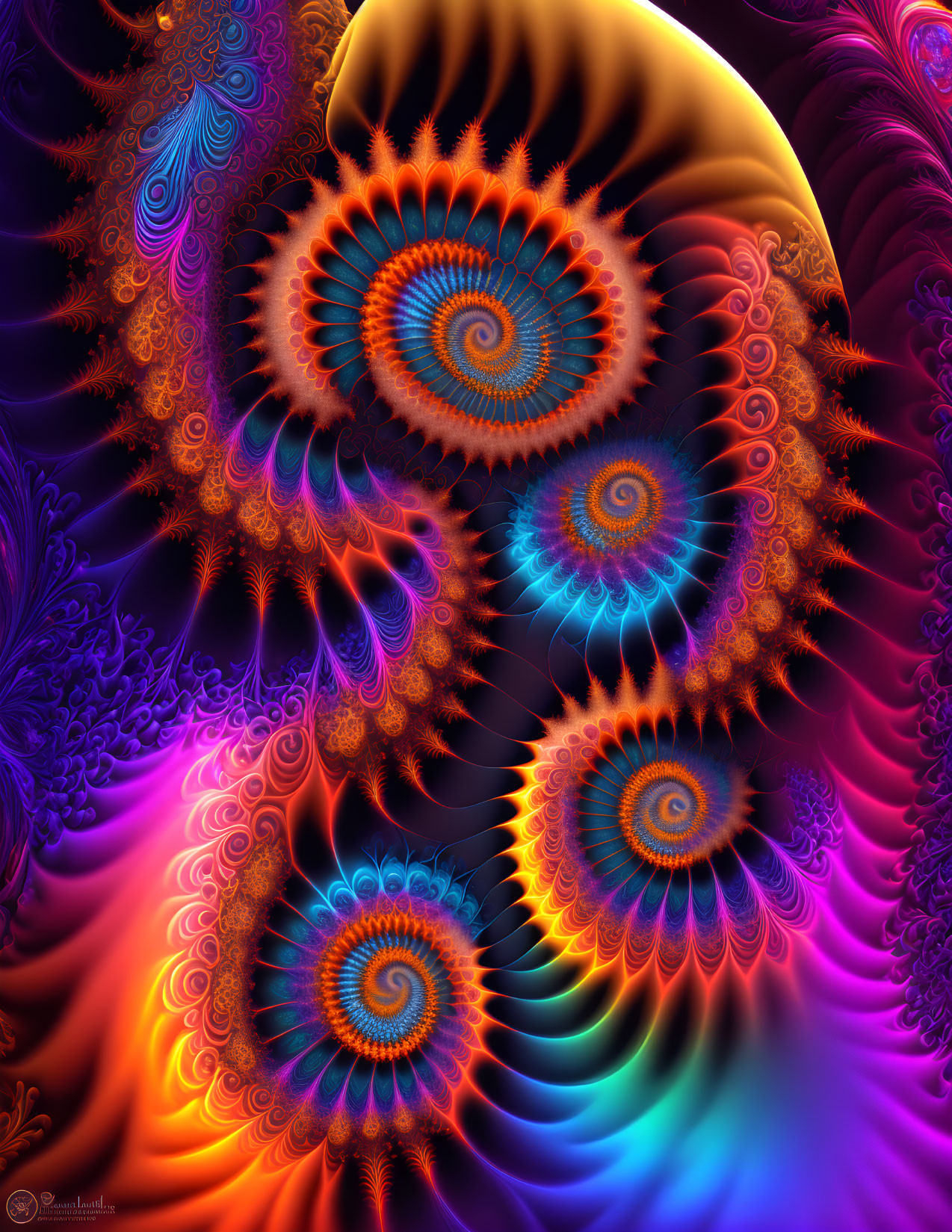 Colorful swirling fractal art in orange, blue, and purple hues