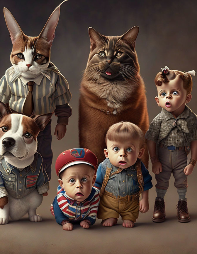 Unique portrait featuring cats, dogs, babies in clothes