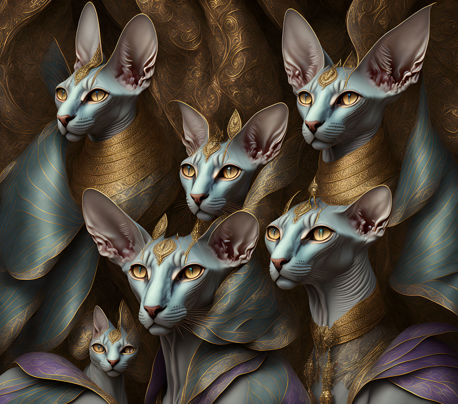 Stylized Sphynx Cats in Gold Jewelry on Brown Background