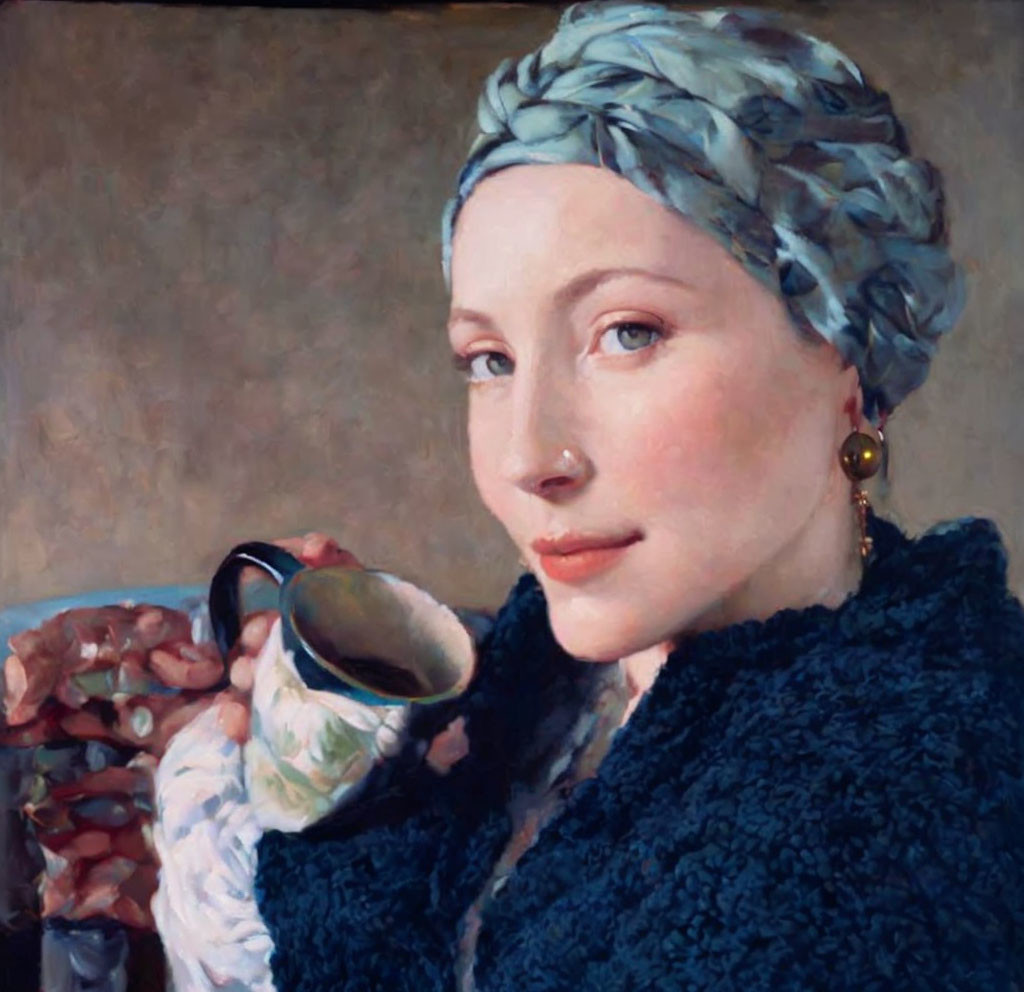 Woman in Blue Headscarf and Sweater Holding Mug with Painting-Like Quality