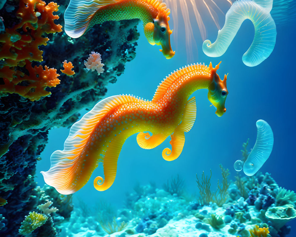 Colorful Coral and Vibrant Seahorses in Clear Ocean Water