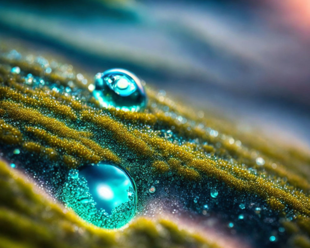 Detailed close-up: water droplets on textured leaf in blue and green color palette