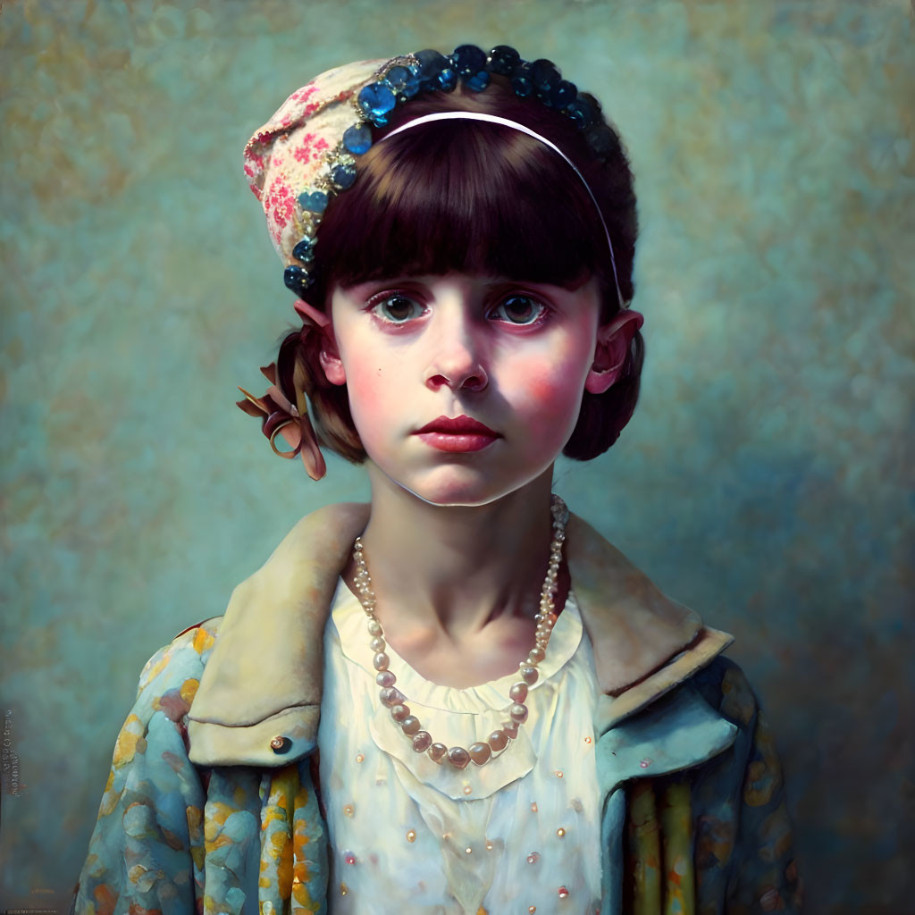 Young girl with dark hair in retro hat and vintage coat, wearing pearl necklace