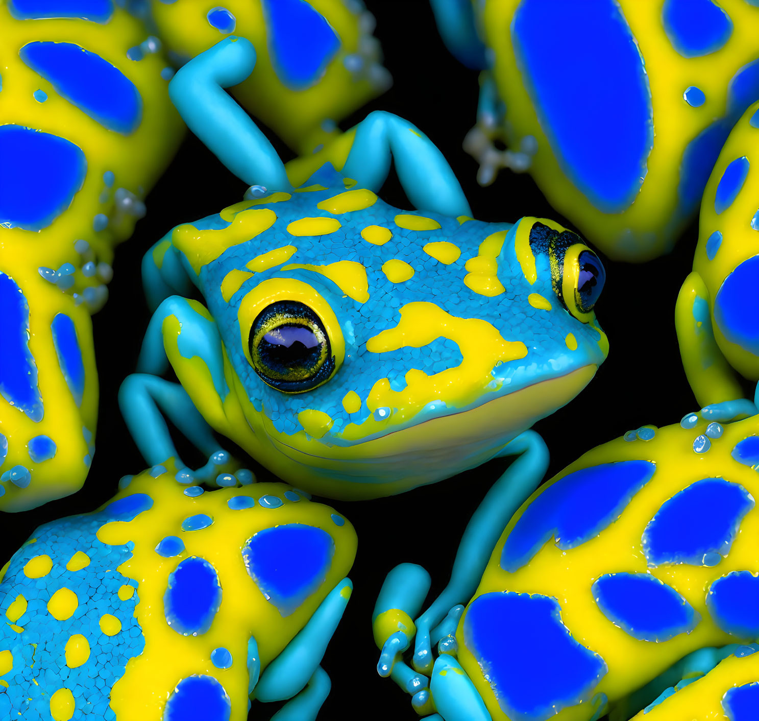 Colorful Blue and Yellow Patterned Frogs on Dark Background