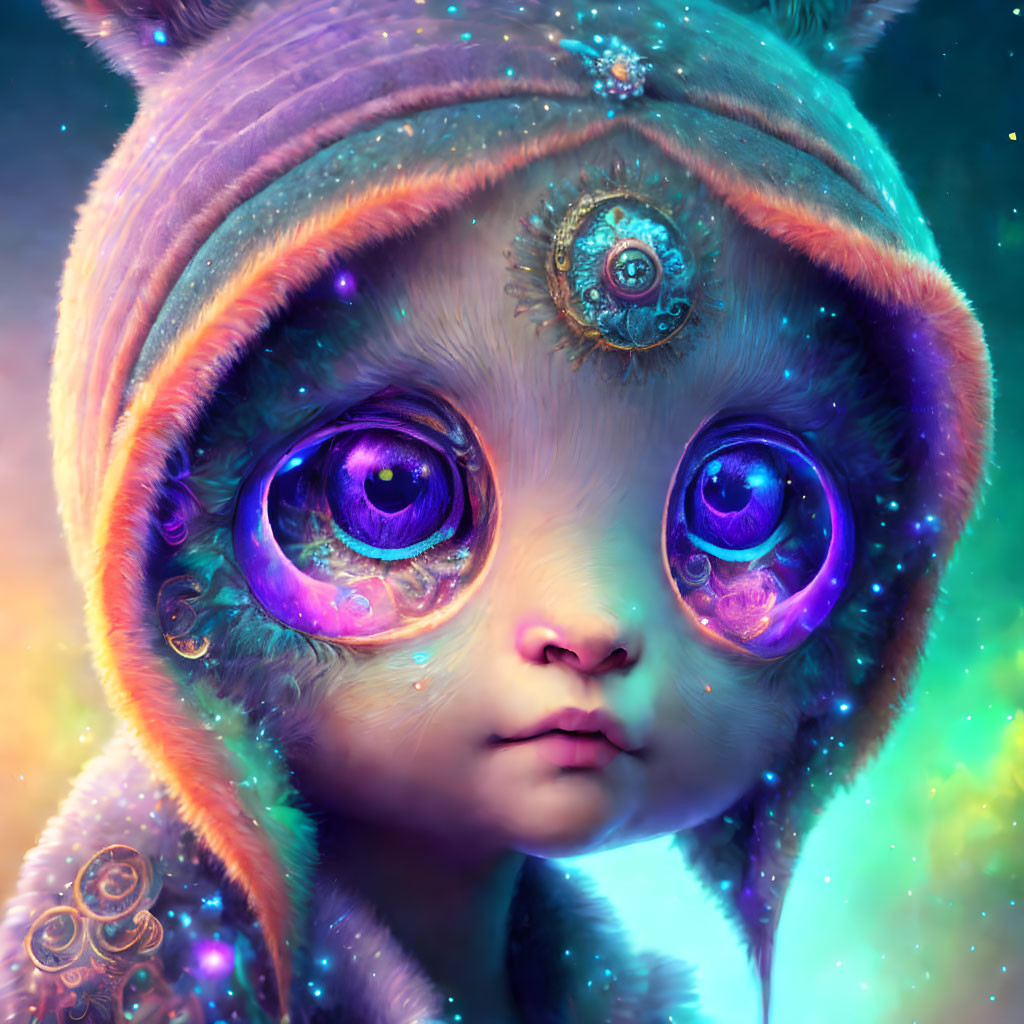 Fantastical creature with glowing purple eyes and owl-like hood on vibrant background