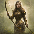 Medieval armor-clad woman with bow in forest setting