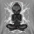 Symmetrical surreal artwork: figure in prayer pose with intricate patterns and feathers in soft grays, blues